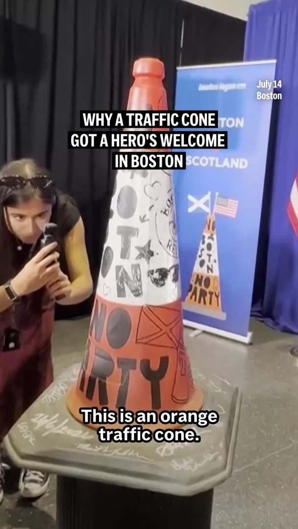 A traffic cone arrived in Boston on a first-class flight, complete with bagpipes and an official welcome. Here’s how it became one of the most unlikely symbols of this year’s World Cup.