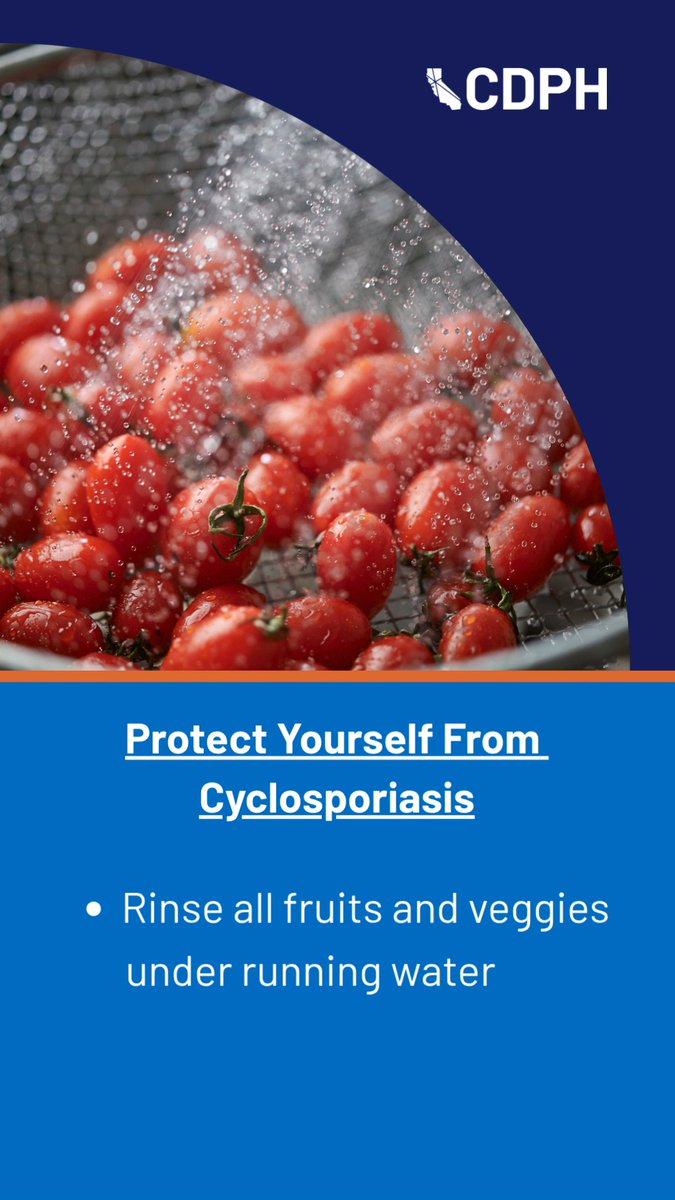 Protect yourself from cyclosporiasis with quick, simple habits: - Wash hands before and after handling produce - Rinse all fruits and vegetables under running water - Refrigerate cut, peeled, or cooked produce within 2 hours 📲