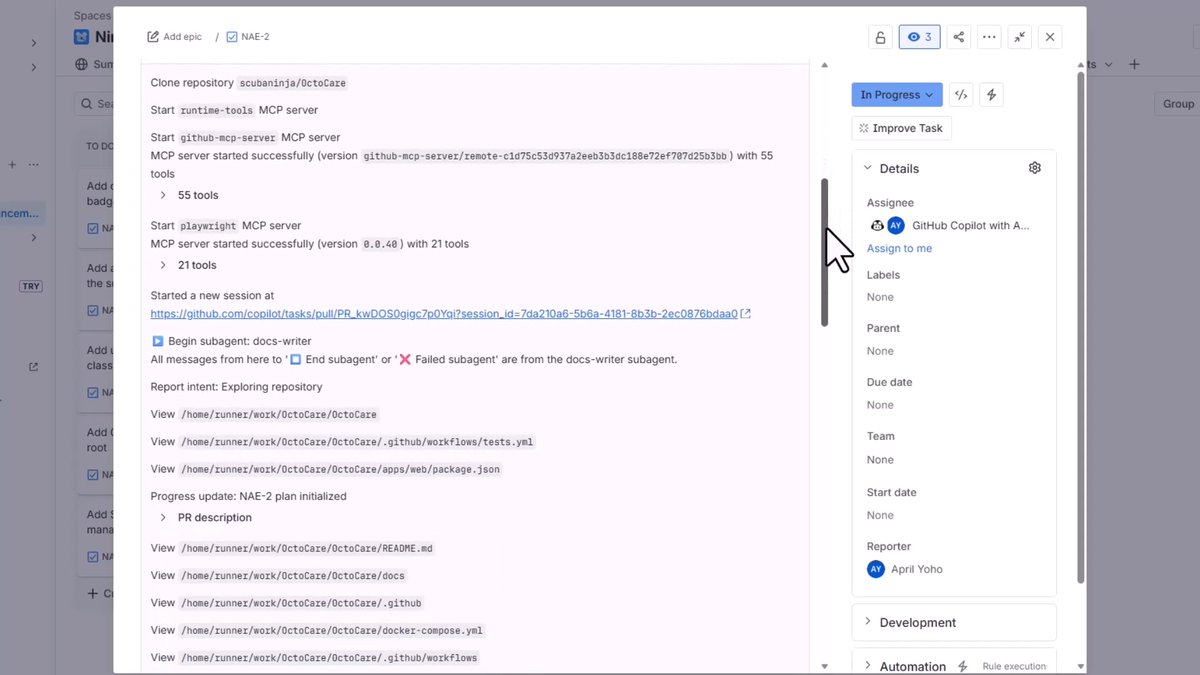 GitHub Copilot for Atlassian's Jira is now generally available. With Copilot in Jira, you can: • stream agent progress to Jira • provide follow-up instructions directly in the Jira chat panel • connect your GitHub org and repos to the Jira app faster with fewer steps at the point of setup Learn more about the new capabilities 💡