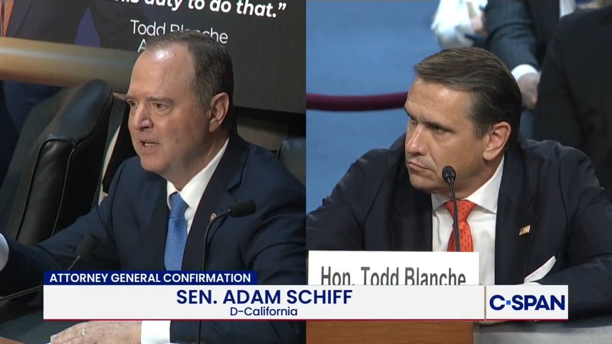 Sen. Adam Schiff (D-CA) to AG Nominee Todd Blanche: "What happened to the prosecutor who people had respect for? What happened to you, Todd Blanche?"