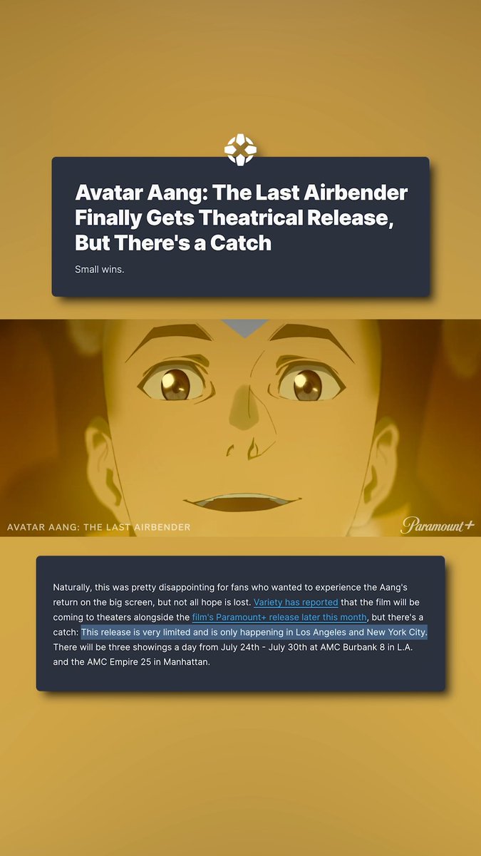 Avatar Aang: The Last Airbender IS coming to theaters, but it's a very limited release in LA and NYC for one week only.