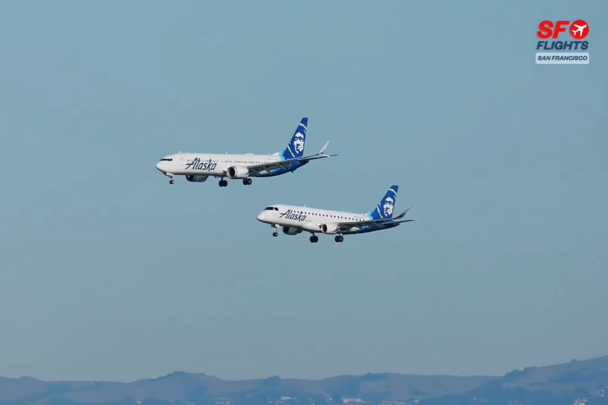 Two Alaska jets parallel landing at San Francisco Airport. The FAA prohibited side-by-side approaches to SFO's closely spaced parallel runways, requiring staggered approaches instead. 📹: SFO Flights
