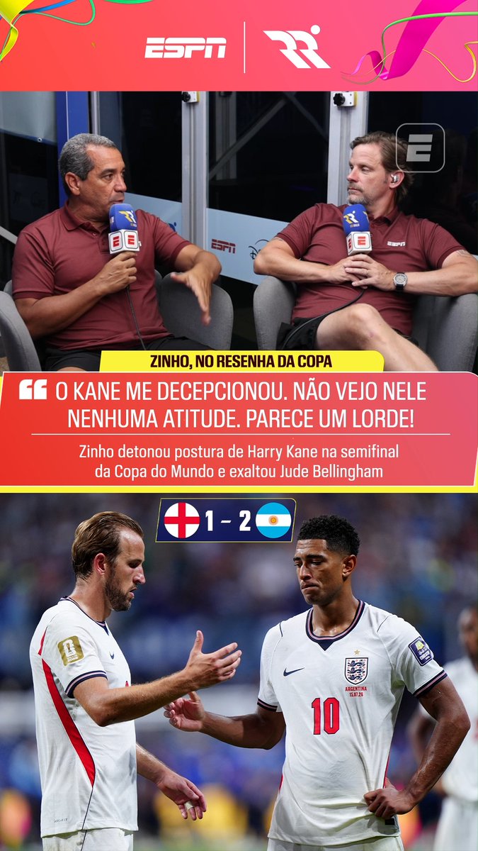 🏴 “O Harry Kane me decepcionou muito. Não vejo nenhum tipo de atitude, de brio… O Bellingham não jogou bem, mas pelo menos mostrava querer alguma coisa. O Harry Kane parecia um Lorde. É Copa do Mundo, amigo, faz alguma coisa!” 🎙️ Zinho. 🎥 ESPN Brasil