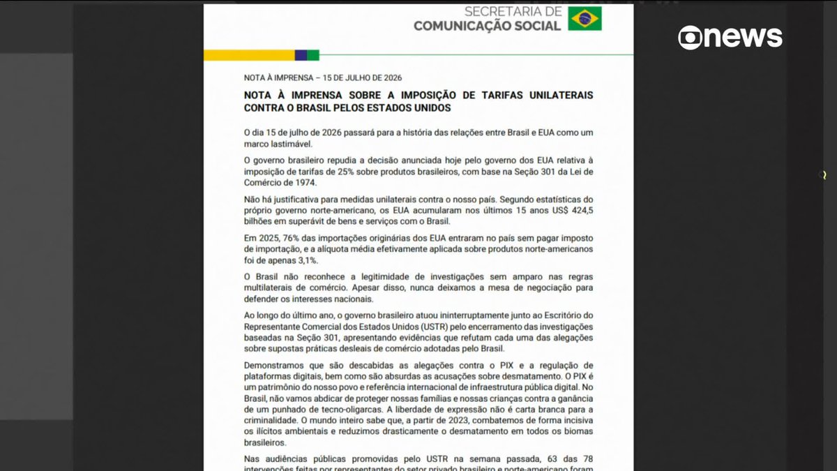 Governo diz que vai adotar reciprocidade após novo tarifaço. ➡ Assista à #GloboNews ao vivo: