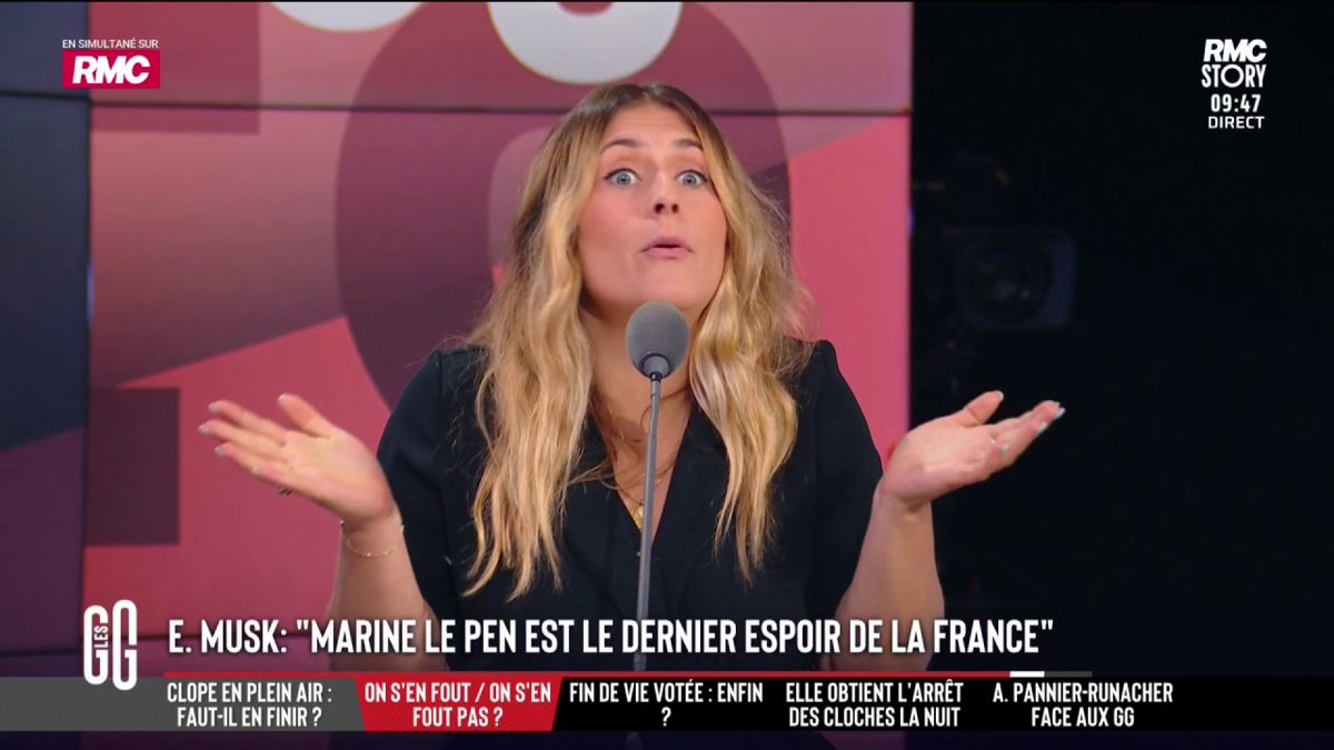 💥 E.Musk : "Marine Le Pen est le dernier espoir pour la France." 🗣️ Flora Ghebali : "Quand il dit que c'est le dernier espoir pour la France, en fait, c'est le meilleur espoir pour coloniser la France. Le Pen et Bardella, c'est le soutien total aux Américains." #GGRMC