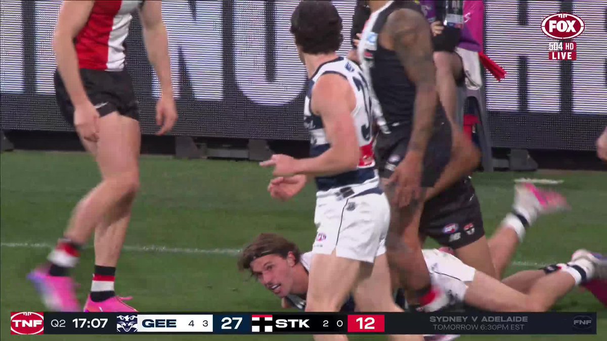 Nasiah Wanganeen-Milera had this free kick overturned after pushing Jhye Clark to the ground. 📺 Watch #AFLCatsSaints LIVE on Ch.504 or stream on Kayo: ✍️ BLOG 🔢 MATCH CENTRE