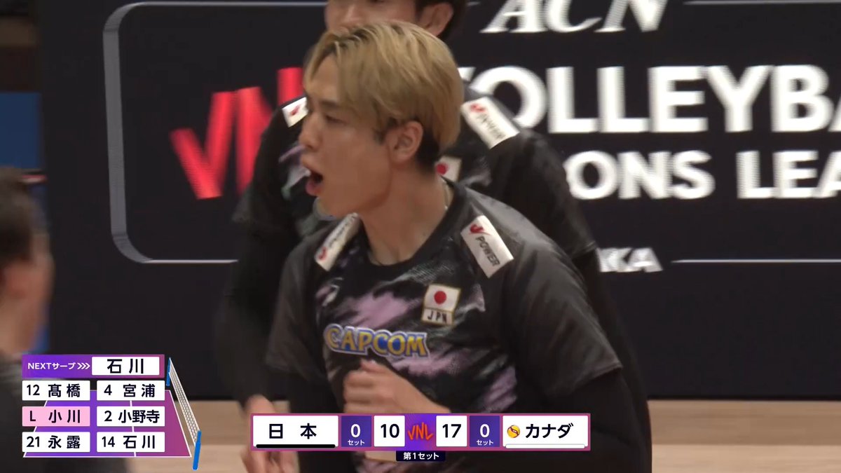 / #バレーボールネーションズリーグ ✨🎌 📺地上波TBS系列放送中📺 \ 【日本ラウンド 第2戦】 🇯🇵日本 ⑱ 0️⃣ 🇨🇦カナダ ㉕ 1️⃣ #小野寺太志 選手のコートに叩きつける強烈なクイック🔥 しかし平均身長2mのカナダの高さに苦しみ🇨🇦第1セット先取💥 #VNL2026