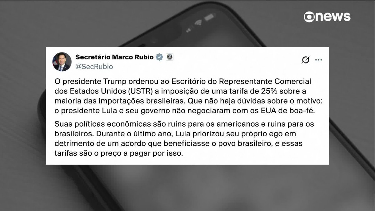 Marco Rubio critica Lula e acusa o presidente de não negociar de boa-fé com os EUA. O secretário de Estado americano disse que o petista colocou "o próprio ego à frente do bem-estar do povo brasileiro". #ConexãoGloboNews ➡ Assista à #GloboNews: