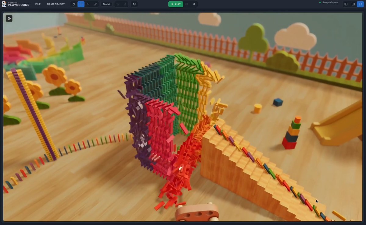 I built a Domino editor, a full playground where you can draw your own course, edit curves, and add structures to knock down, bridges, and staircases. Thousands of dominoes can topple in a single chain reaction 🤯 The whole thing was created in Omma AI Studio. For the physics, I used the Box3D library with Three.js. Works incredibly well!!