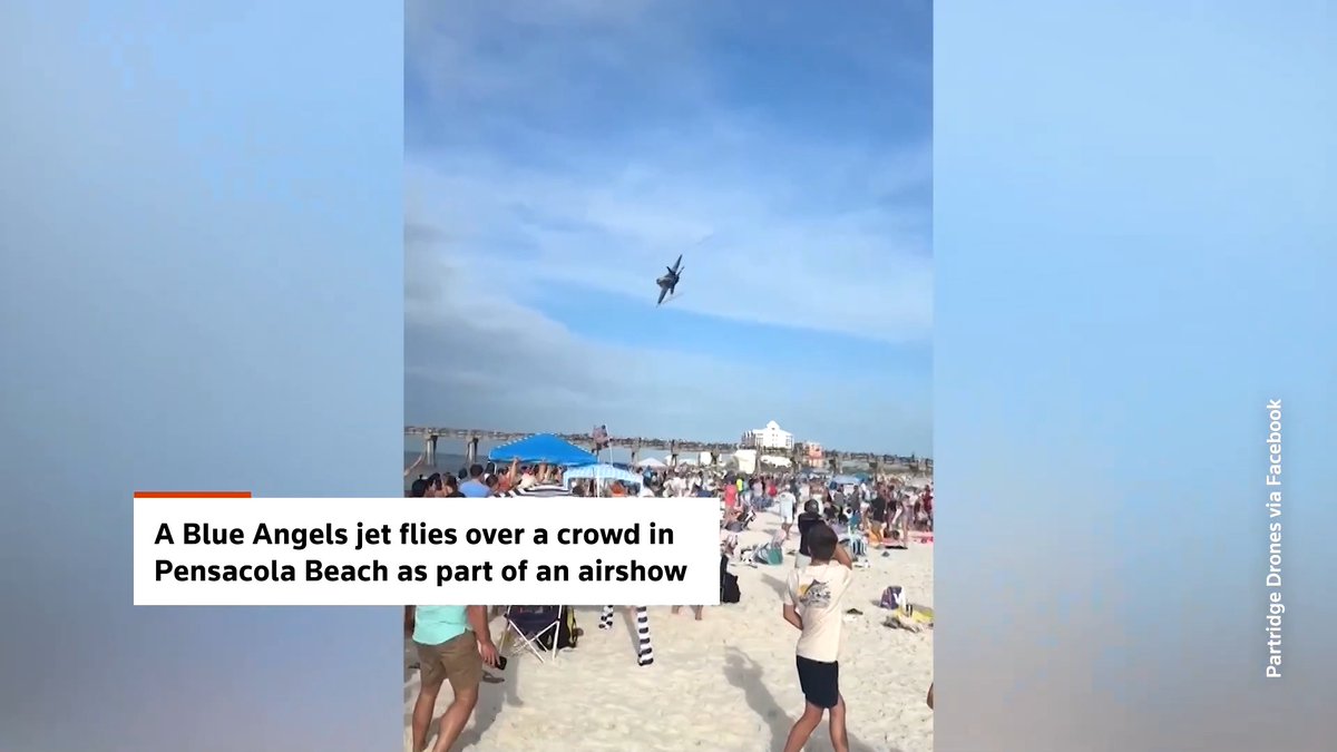 🇺🇸 A Blue Angels jet came screaming in low over the crowd at Pensacola Beach, Florida, kicking up a wall of sand and sending beach gear flying. The stunt was part of an airshow marking the squadron's 80th anniversary and America's 250th, and the low pass gave beachgoers a lot more than they bargained for. Writer: Julie