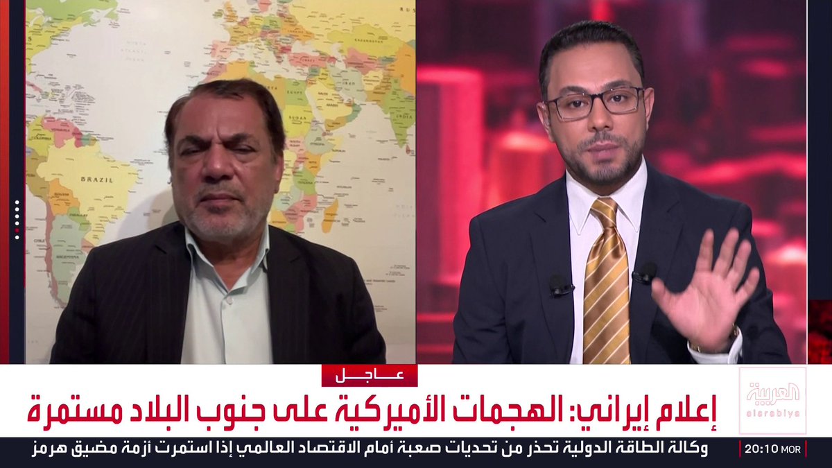 أستاذ العلوم السياسية حسين رويوران يزعم استهداف إيران بصواريخ أميركية من طراز "توماهوك" من دولة مجاورة.. ومذيع العربية يواجهه: من أي دولة؟.. ورويوران يرد: لا أعرف
