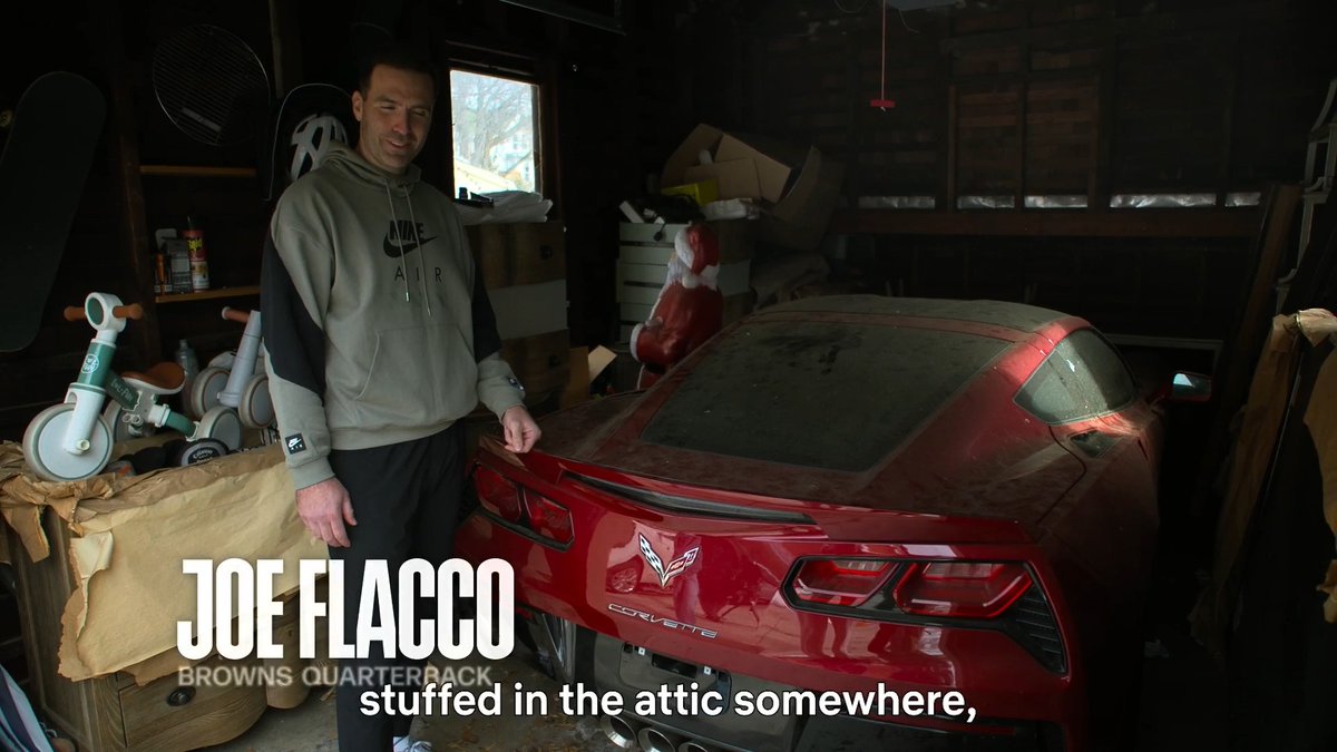 Joe Flacco's Corvette, which he won for being named Super Bowl MVP, is just sitting in his dusty garage as a showpiece. "It's kind of like a little trophy." 🤦♂️🤣 (via Netflix Sports)
