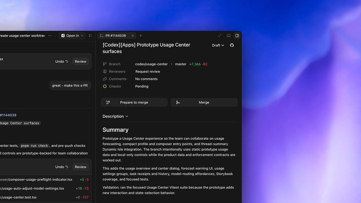 Review pull requests and make follow-up edits without leaving Codex. PR Chat lets you ask Codex questions about a specific pull request in context. Inline code editing lets you send review feedback to Codex, inspect the proposed patch inline, and edit, accept, or reject it.