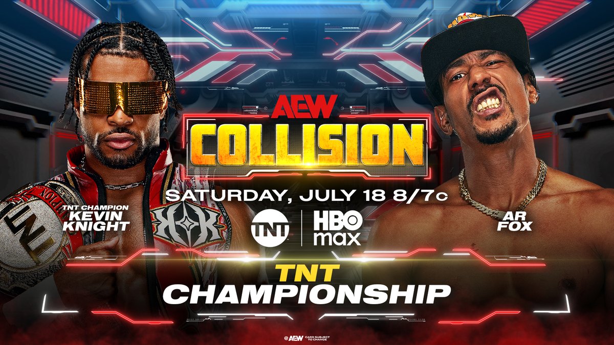 After AR FOX’s win on #ROH TV tonight, TNT Champion Kevin Knight ケビン・ナイト challenged Fox for #AEWCollision! Before Knight vs Darby this Wednesday, The Jet will collide vs Darby’s former training partner AR Fox for the TNT Title THIS SATURDAY!