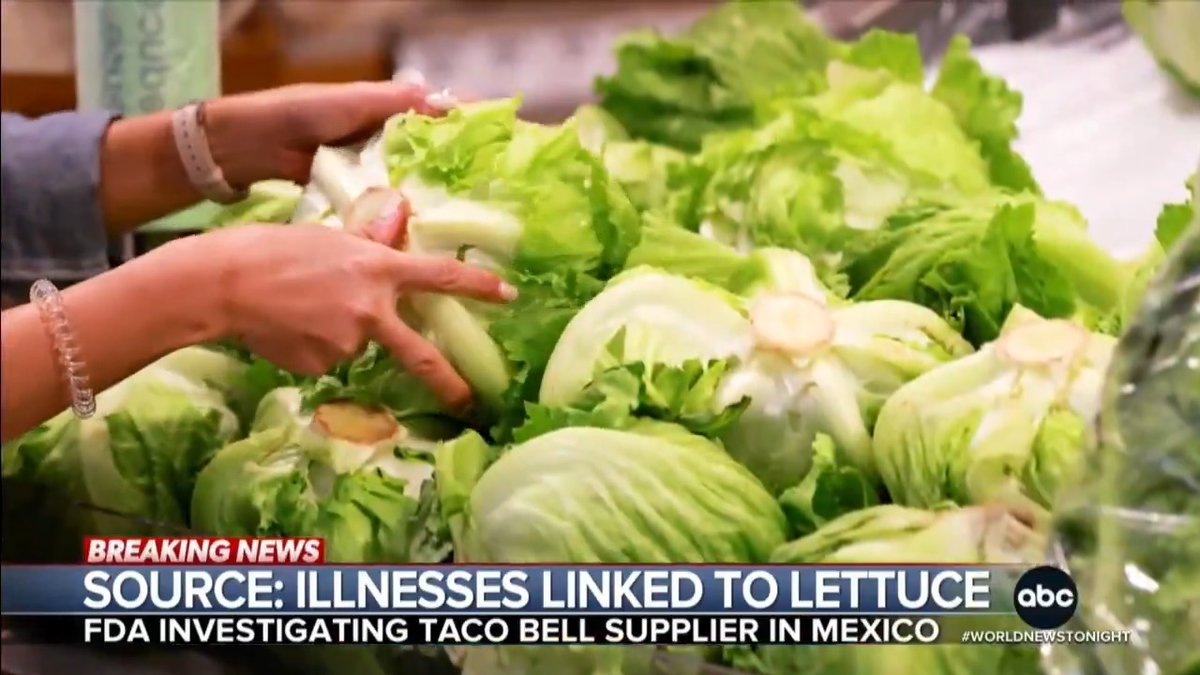 Sources say the outbreak of a severe stomach bug in Indiana, Kentucky, Michigan, and Ohio is linked to shredded iceberg lettuce from a Mexican supplier, served at Taco Bell. CDC says nearly 7,000 cases were reported in 34 states. @elizabethSchulze reports.