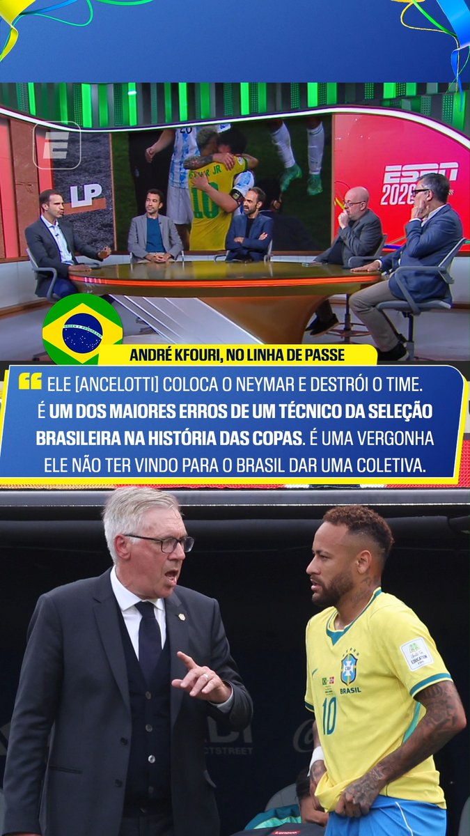 No Linha de Passe, André Kfouri classifica a decisão de Ancelotti de colocar Neymar no jogo contra a Noruega como um dos maiores erros de um técnico da Seleção Brasileira em Copas do Mundo. Ele ainda diz que o treinador deveria ter voltado ao Brasil para dar entrevista coletiva e se explicar. Assista a Espanha x Argentina, neste domingo (19), com transmissão ao vivo pela CazéTV, disponível sem custo adicional no #DisneyPlus. #ESPN2026 #FIFAWorldCup #Brasil #Ancelotti #Neymar