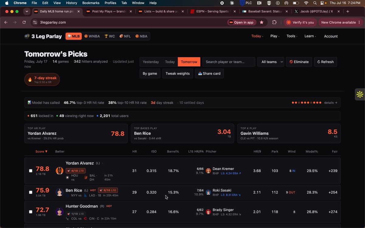 📅FRIDAY, JULY 17 — FULL MLB OVERVIEW ⚾HR, K & total bases picks for tomorrow 15 Games tomorrow, FULL SLATE😁 Few days off too many for my liking and I brought you guys a BANGER!! Trust me, 50 picks. I'm back with my long form content checking out EVERY MLB GAME tomorrow. Enjoy💸 🔍Research: | #MLB