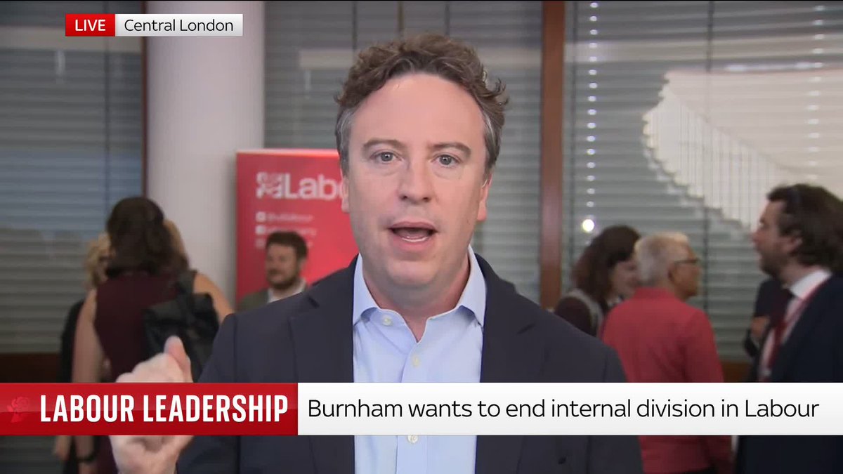 'He is going to talk about the fact that he will govern as authentic Labour.' Sky's Sam Coates Sky is live in central London, as Andy Burnham is set to be crowned as Labour leader today at a formal ceremony. Live updates: 📺 Sky 501 and YouTube