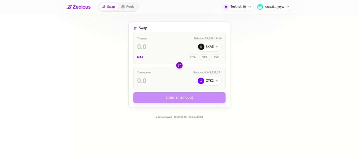 Introducing the CoAMM. ⚡ ZealousSwap CoAMM brings native swaps to Kaspa L1. Fully non-custodial, with atomic multihop routing across pools. Powered by covenants. DeFi, native to Kaspa. kaspa:native