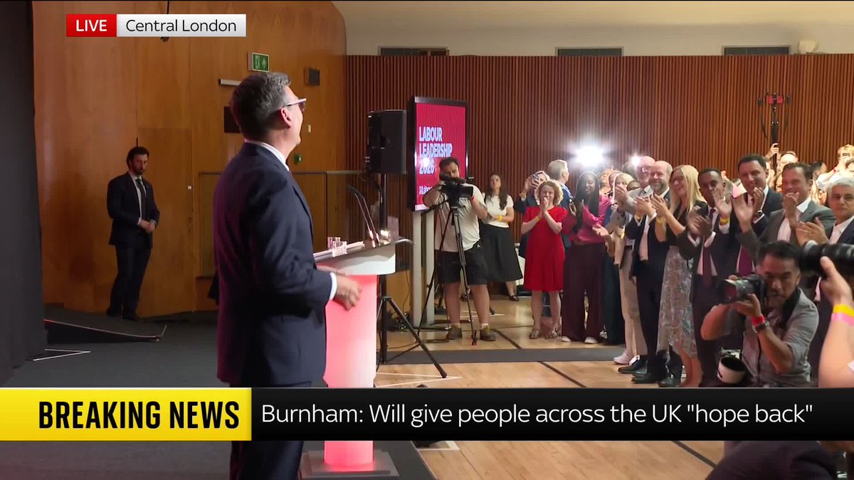 Andy Burnham dances on stage after being announced as the new leader of the Labour party. Politics latest: 📺 Sky 501, Virgin 602, Freeview 233 and YouTube