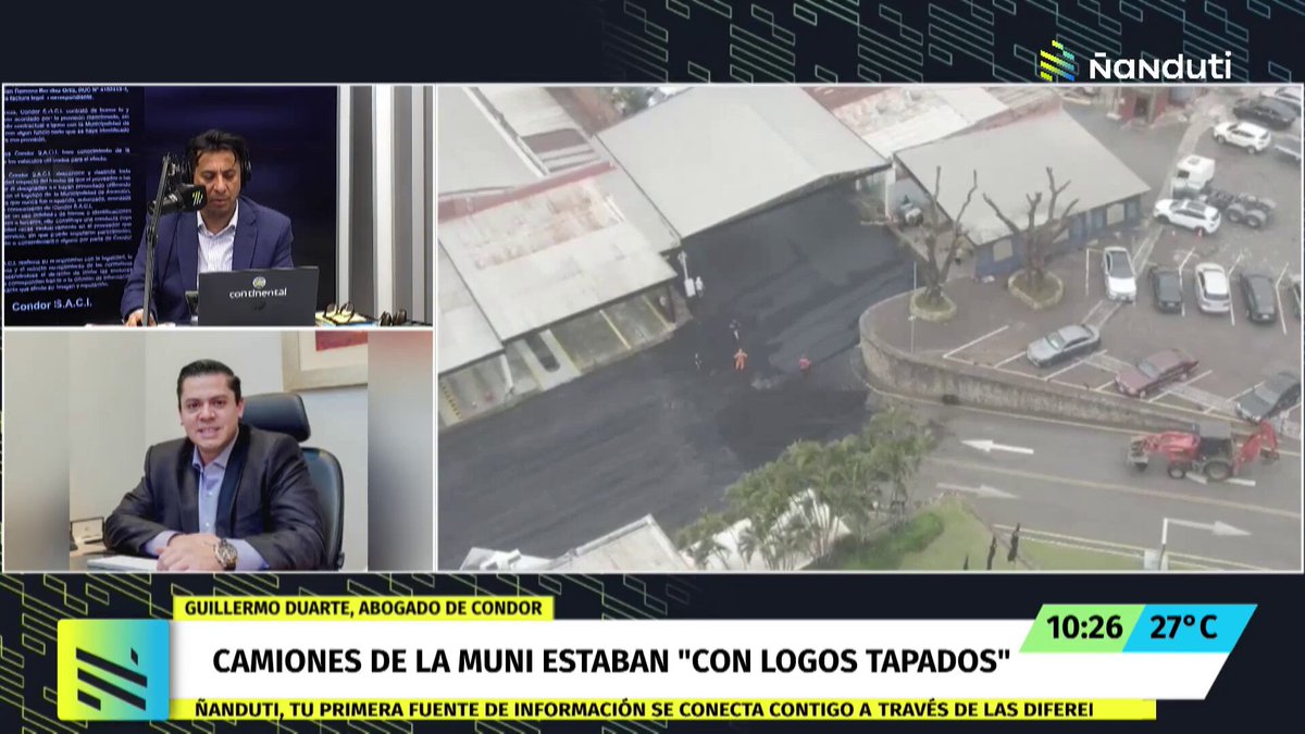 🚨Cóndor presentará denuncia por "estafa": "No vamos a dejar en manos de políticos que se esclarezca este caso" 👉La firma Cóndor S.A.C.I. anunció que presentará una denuncia penal tras el caso de los camiones de la Municipalidad de Asunción que ingresaron a su predio para cargar asfalto caliente. 🗣️"Nosotros vamos a denunciar. Para nosotros esto no es campaña política. Vamos a denunciar porque fuimos víctimas de una estafa", afirmó el abogado de la empresa, Guillermo Duarte Cacavelos. 👉El abogado criticó que la investigación quede solo en el ámbito político. "Vamos a accionar, no vamos a dejar en manos de los políticos y concejales que se esclarezca porque claramente no se va a esclarecer", sostuvo. "Vamos a investigar quienes son los responsables", agregó. 👉Duarte Cacavelos dijo que la empresa se enteró de la situación por redes sociales. "Nosotros nos enteramos por redes sociales ayer", indicó. 👉Como parte de las pruebas, la firma ya inició la recolección de imágenes. "Estamos extrayendo con escribano público el circuito cerrado de esas fechas para demostrar que los vehículos y personas no tenían logo de la Municipalidad de Asunción", explicó. 📺EN VIVO: #Ñanduti #TiranBombas