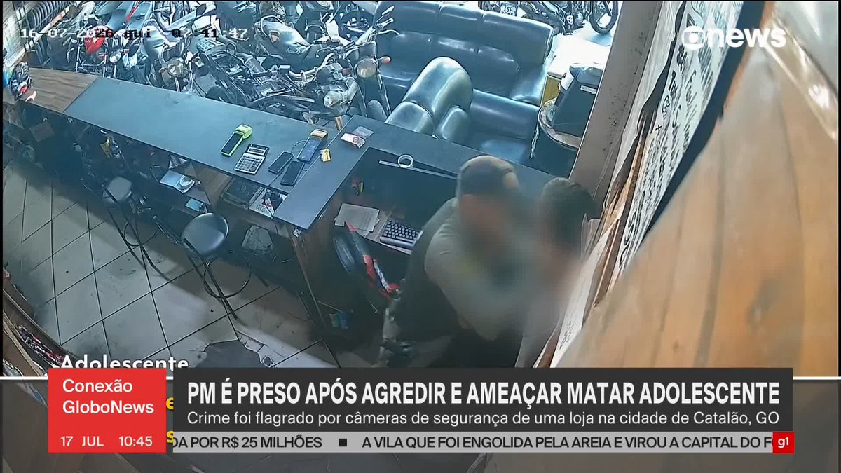 Em Goiás, um policial militar foi preso após agredir e ameaçar matar jovem de 16 anos. Imagens de câmera de segurança flagraram a ocorrência. ➡️Assista à #GloboNews: #conexãoglobonews #PM #Goiás