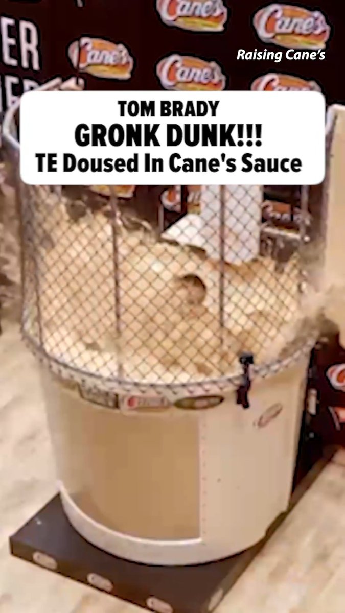 Tom Brady dunks Rob Gronkowski in a tank full Of Cane's sauce 😭 Credit: Raising Cane's