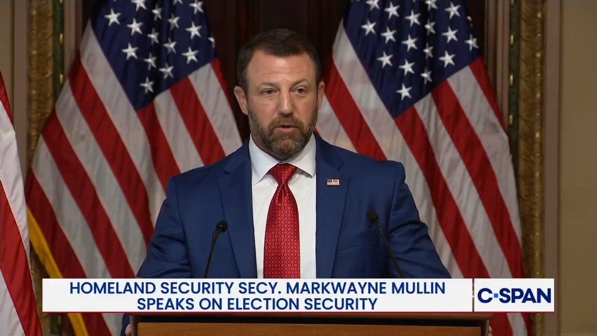 DHS Secretary Secretary Markwayne Mullin says DHS will scrub election records before and after the election : "If you're illegal and attempted to vote or you tried to vote illegally for someone else, we will find you and we will charge you."