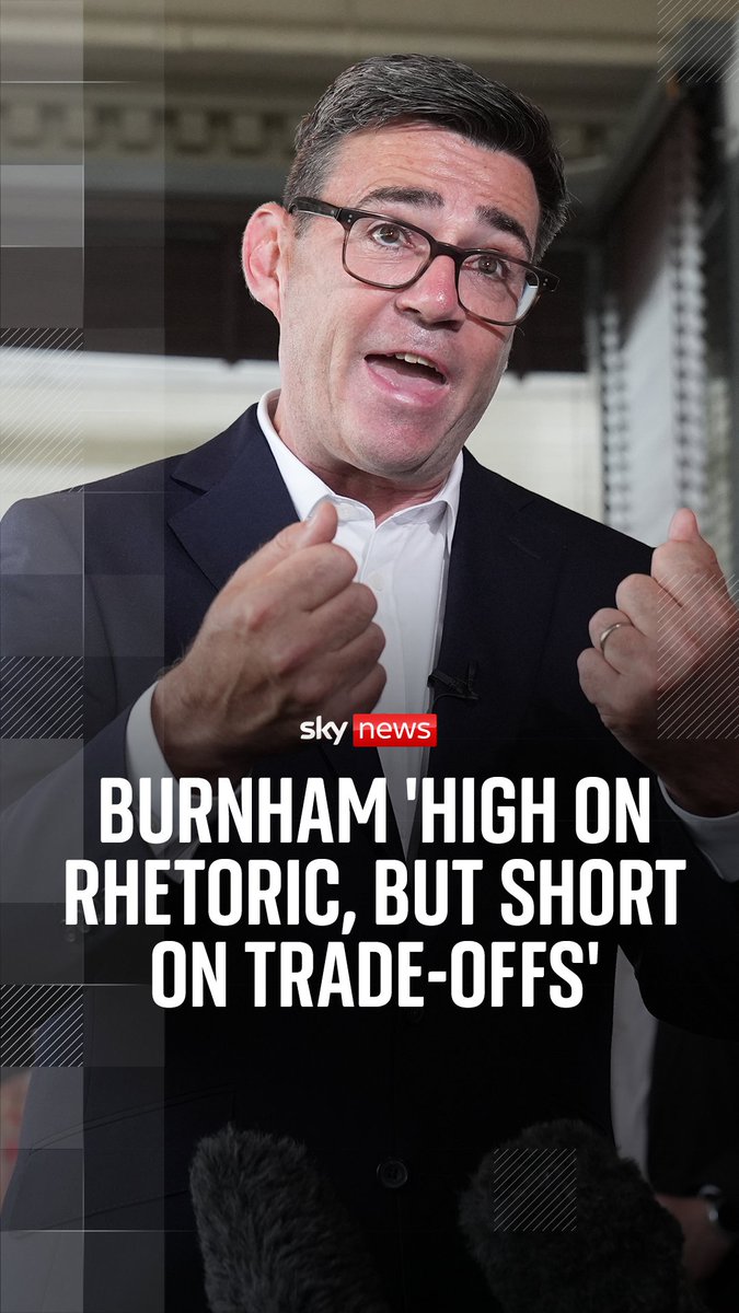 Sky's Sam Coates Sky says Andy Burnham is 'high on rhetoric, but short on trade-offs' He says 'simply by being a nice person doesn't crater over the cracks' Read more: