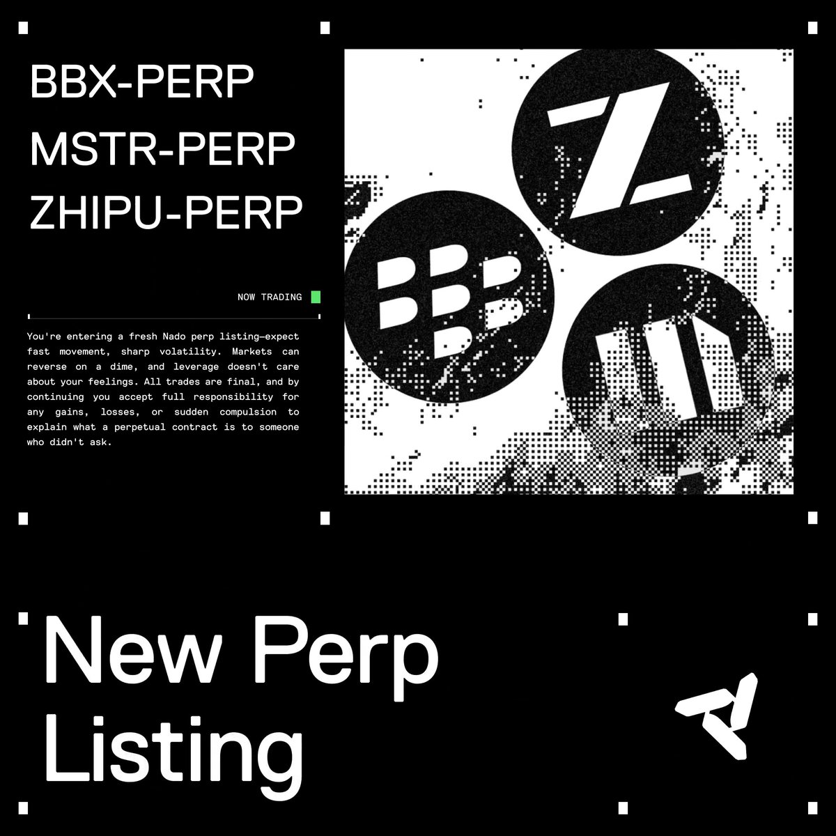 New equity perps are live on Nado. BBX: BlackBerry, the cybersecurity and IoT software company MSTR: Strategy (MicroStrategy), the largest corporate bitcoin holder ZHIPU: Zhipu AI (Knowledge Atlas Tech), one of China's leading AI model labs