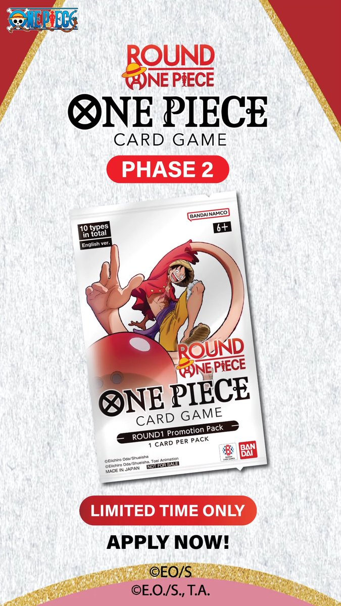 ONE PIECE CARD GAME -ROUND1 Promotion Pack- Register to purchase limited-edition cards and celebrate the ROUND ONE PIECE collaboration! Entry Open: July 17, 2026 at 10:00 AM PDT Pickup Period: August 2, 2026 at 10:00 AM – August 8, 2026 (when your designated Round1 venue closes) Participation in the Program is subject to the ONE PIECE CARD GAME ROUND1 Promotion Pack Phase 2 Program Terms and Conditions available at which govern in all respects.