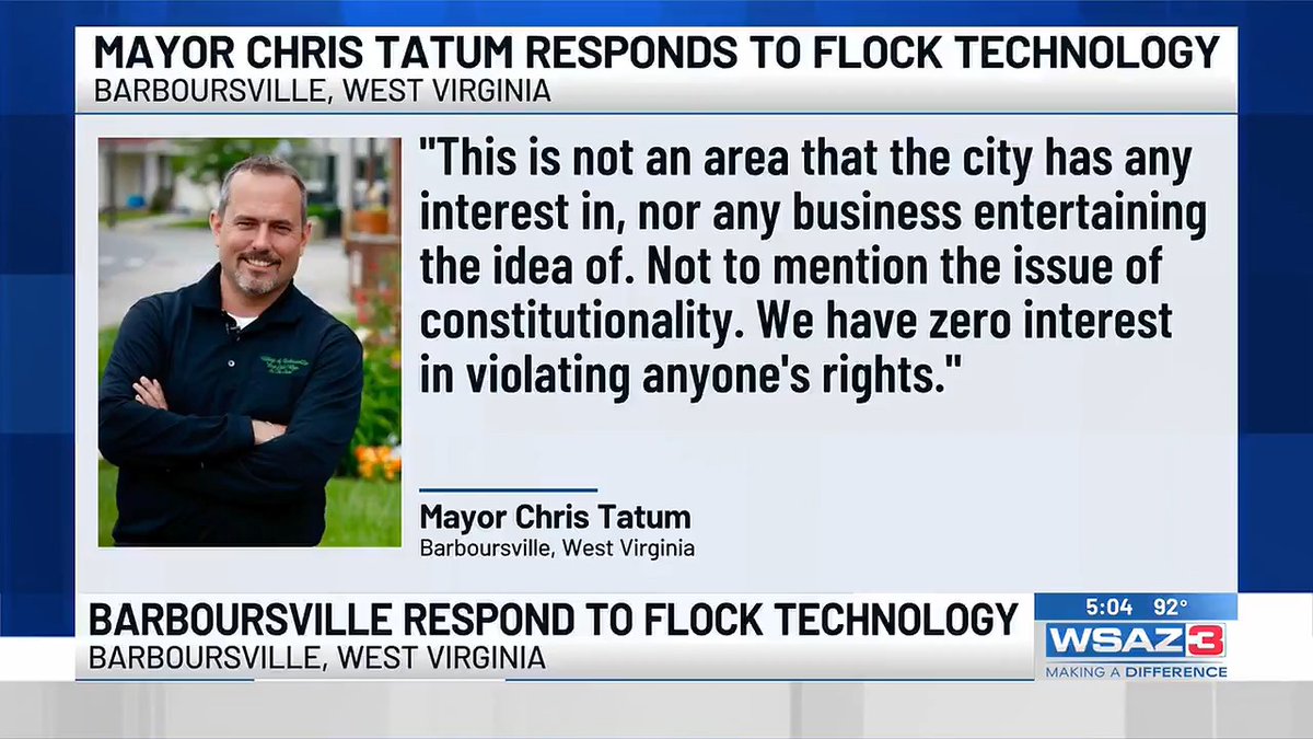 The Barboursville, WV town leadership has decided to follow their oaths of office. It shouldn't be a newsworthy story but in the mass surveillance Police State that is 2026 America, it is. “The question isn’t whether technology will continue to advance. It will. The real question is whether we use it responsibly and without compromising the rights of the people we’re sworn to serve,” “The people of Barboursville should never have to choose between being safe and being free. We can—and we should—have both.” -Barboursville Police Chief Greg Lucas Hold local politicians accountable accordingly... #rural #westvirginia #police #crime #PoliceState #4thAmendment #14thAmendment #CivilRights #ALPR #cops #stalking #women #barboursville #flock #SurveillanceState