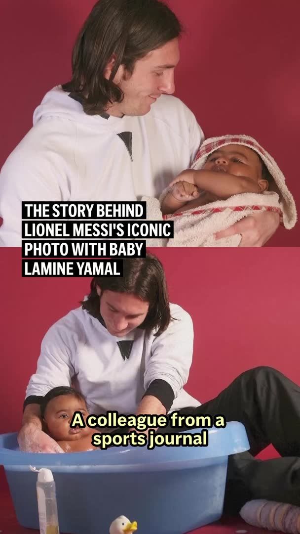 Long before they shared the World Cup stage, Lionel Messi and Lamine Yamal shared a photo. Photographer Joan Monfort captured the now-iconic image nearly 19 years ago during a charity shoot at Barcelona's Camp Nou, when Messi posed with baby Yamal. Now, the two are set to meet again as Spain faces Argentina in the World Cup final on Sunday. Produced by Kiki Sideris