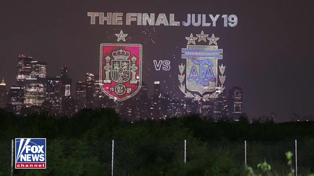 The countdown to the World Cup Final is lighting up the New York skyline. A massive drone show in New Jersey fills the night sky with the flags and crests of Spain and Argentina, plus 2026 World Cup Final logos, with Manhattan serving as the backdrop. The spectacle comes just days before Spain and Argentina face off Sunday at New York New Jersey Stadium in East Rutherford for soccer's biggest prize.
