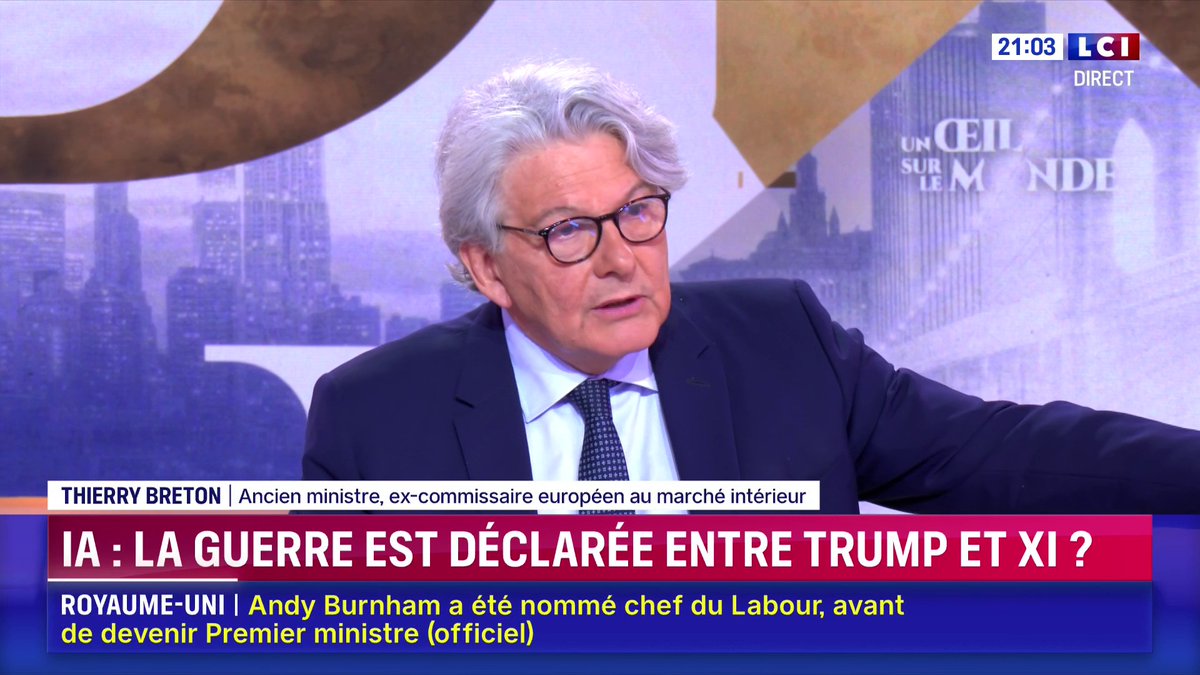 Intelligence artificielle : "On n'a pas cinq ans pour réagir, on a dix mois, on a douze mois (...) Les Européens ne peuvent pas continuer comme ça", Thierry Breton ▶️ ✦ Margot Haddad ✦