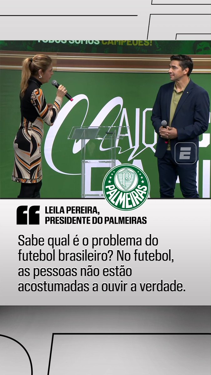 O PROBLEMA DO FUTEBOL BRASILEIRO? 👀 Em homenagem a Abel Ferreira, Leila Pereira defendeu os posicionamentos do treinador do Palmeiras e destacou que o problema do futebol brasileiro é que as pessoas não estão acostumadas a ouvir a verdade. Concorda com ela, fã de esportes? #FutebolNaESPN #Palmeiras #AbelFerreira #LeilaPereira