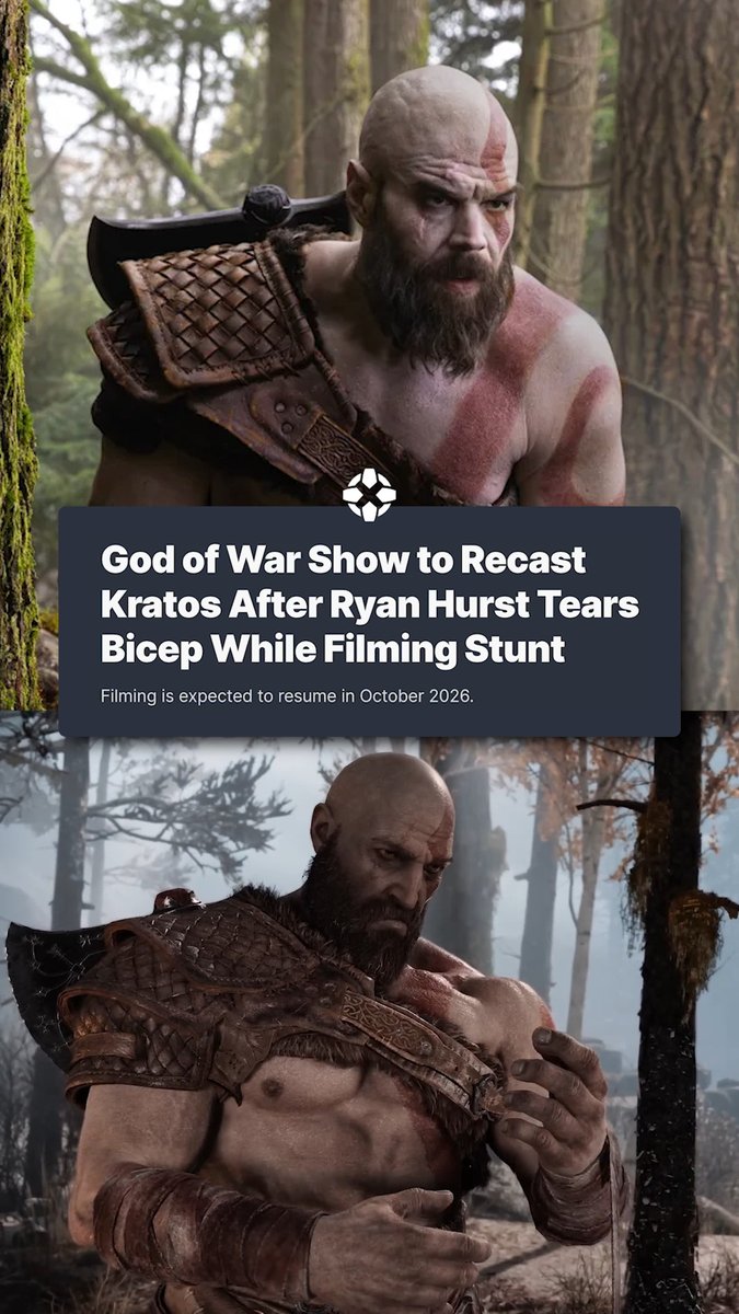 Kratos actor Ryan Hurst reportedly tore a bicep while performing a stunt on the set of the God of War TV series, and will be recast so that production can resume in October.