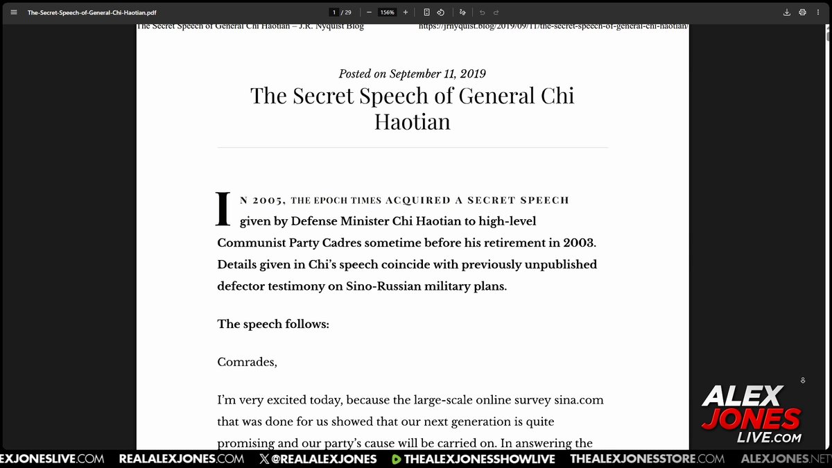 🚨MASSIVE BOMBSHELL: Official Chinese Communist Government Document Lays Out Plan To Collapse The United States From Within, Triggering A Mass Famine That Kills Over 90% Of The Population- After Which China Plans To Colonize North American & Only Allow 20 Million White People To Survive! Getting This Information Out Is Absolutely Critical To The Future Of Humanity! PLEASE WATCH & SHARE NOW! The CCP Report Is Called "The Secret Speech Of General Chi Haotian" & Can Easily Be Found Online, So Read It For Yourselves & Raise The Alarm Like Paul Revere! 🔴WATCH/SHARE THE LIVE X STREAM NOW:
