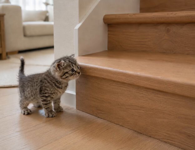 子猫、階段1段に本気で挑戦。 前足をかけて、お尻をもぞもぞさせながら必死に登って、最後に座ってドヤ顔してるの可愛すぎる。