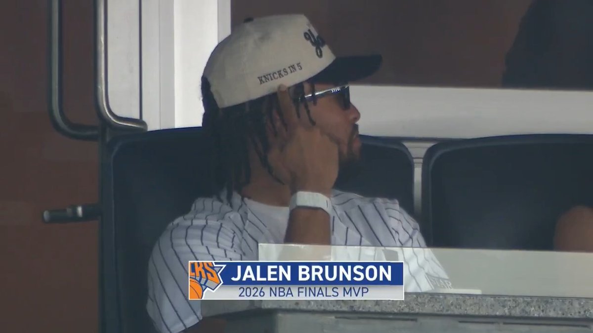 Jalen Brunson is in the house for Dodgers vs. Yankees And his hat includes a subtle reminder of "Knicks in 5" 😤 #Knicks #Champs #NBA