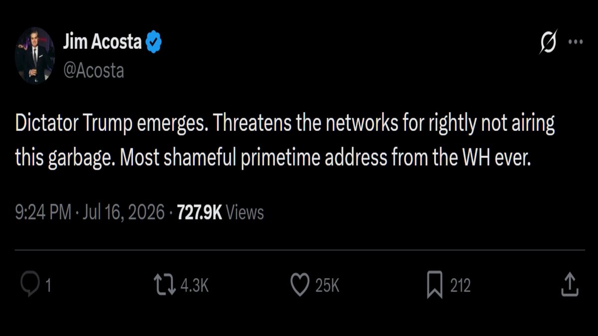 CNN, ABC, and NBC refused live airtime for President Trump's election security address, Now Jim Acosta decides to open his mouth Acosta further stated that while state media in dictatorships are forced to broadcast government talking points, American networks have a choice and "should absolutely, positively not air this"