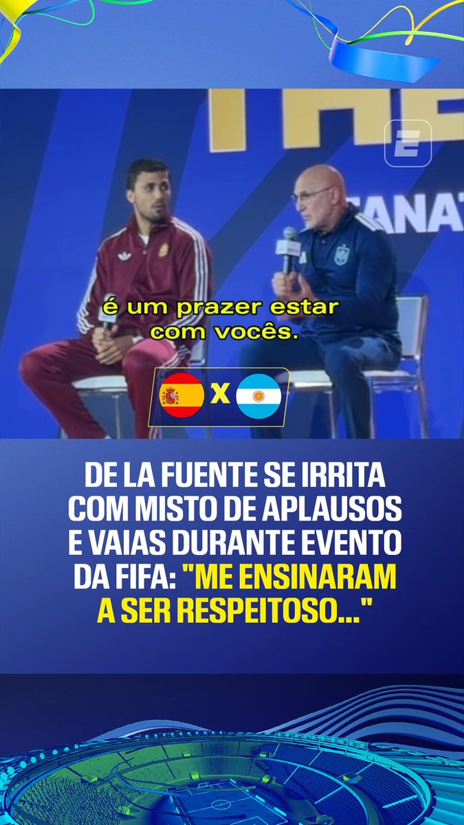 👀🇪🇸 Luis de la Fuente, técnico da Espanha, se irritou com o misto de aplausos e vaias durante evento da FIFA antes da final da Copa: “Quando eu era pequeno, me ensinaram a ser respeitoso com todo mundo. Deveríamos aprender um pouco essa lição, de ser respeitoso sempre.” 🎥 ESPN Brasil