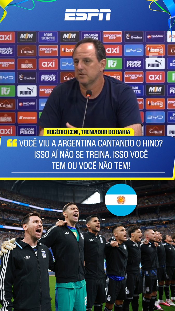 “Tem coisas que você treina. Você viu os jogadores da Argentina cantando o hino? Isso não se treina. Isso você tem ou não tem. Quando você vê os caras assim, aí você entende porque os caras chegam lá. E nós precisamos disso. Isso aumentou nas nossas últimas 3 semanas.” 🎙️ Rogério Ceni, após Bahia 2x0 Chapecoense. 🎥 ESPN Brasil | SportsCenter Brasil