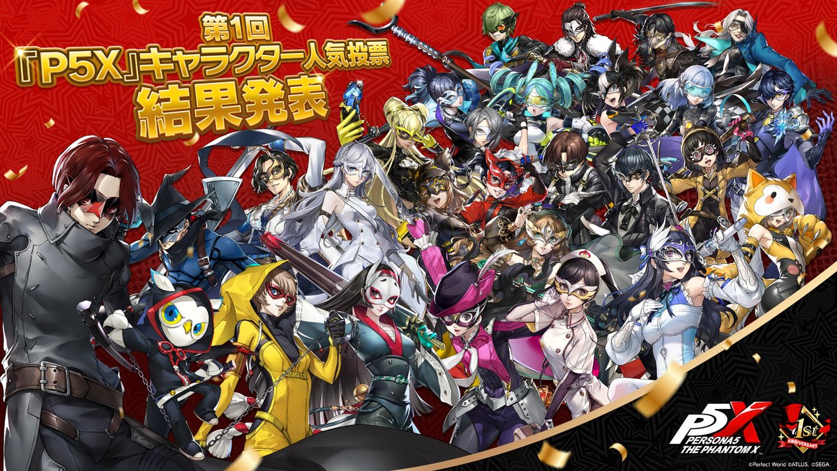 ／ 第1回『P5X』キャラクター人気投票 結果発表🏆 ＼ お待たせしました！ 「第1回『P5X』キャラクター人気投票」の結果を、本スレッドで順次公開します✨ 🎥 TOP10はスペシャルムービーで発表！ 🖼️ 11位～は画像でご紹介！ 最後までお見逃しなく！ #P5XJP #P5X1周年 #P5X人気投票