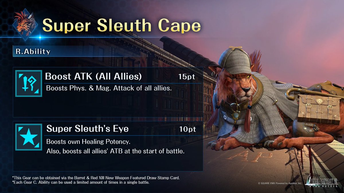 Check out Red XIII's Exclusive Gear! Get it from the Barret & Red XIII New Weapon Featured Draw on the Stamp Card! #FF7EC #FF7EverCrisis #FF7