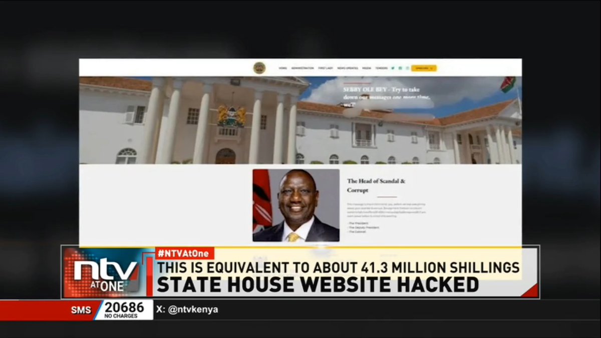 State House Website Hacked The official website of President William Ruto has been hacked, NTV can confirm. The hackers are demanding five bitcoins, equivalent to about 41.3 million shillings, to restore access to the website. #NTVAtOne Wangechi Muriuki David Muthoka