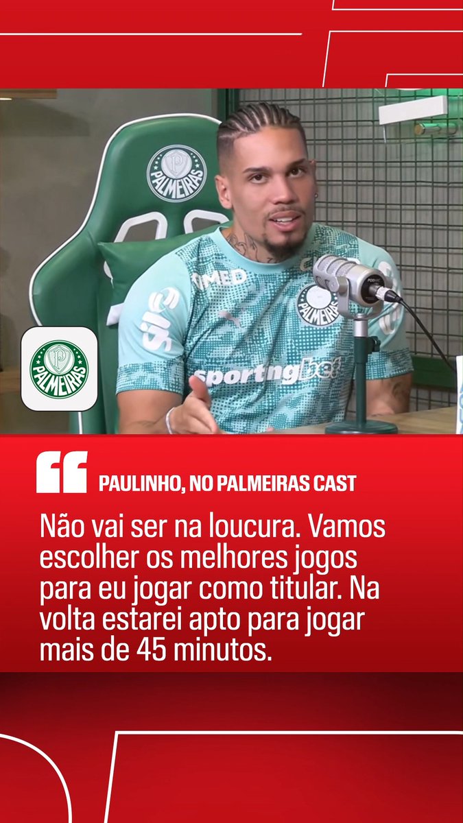 'APTO PARA MAIS DE 45 MINUTOS' - Em participação no Palmeiras Cast, da Palmeiras TV, o atacante Paulinho falou sobre sua recuperação e disse que voltará da pausa para a Copa do Mundo "apto a jogar mais que 45 minutos"! 📽️ TV Palmeiras #FutebolNaESPN #Palmeiras