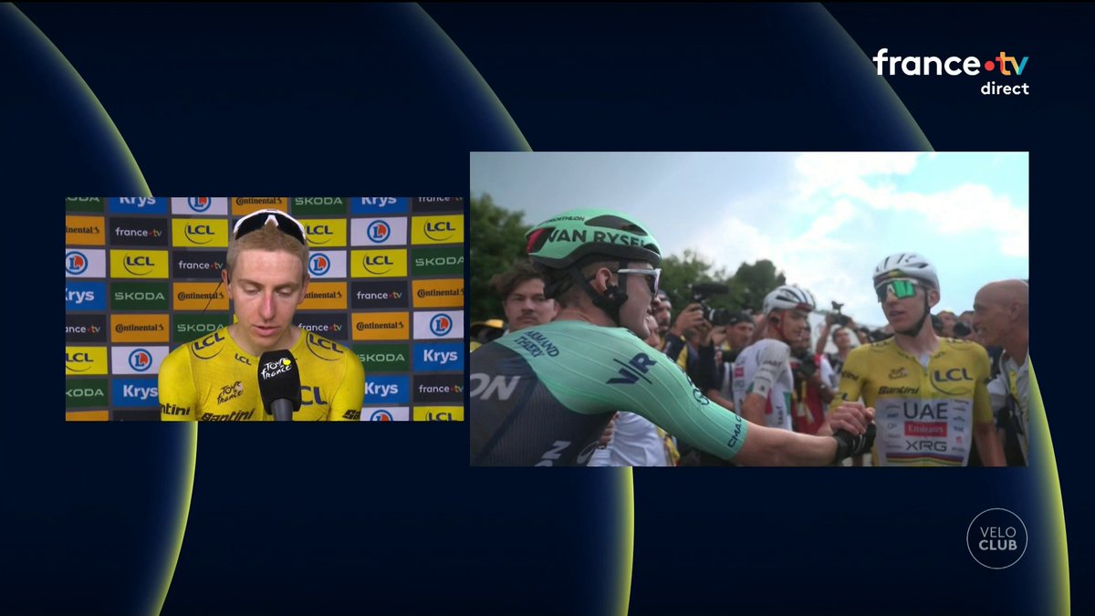 #TDF2026 | 🗣️"Protégez-le !" 🟡Le maillot jaune Tadej Pogacar est impressionné par Paul Seixas après cette 14e étape. 📺 Vélo Club en direct :