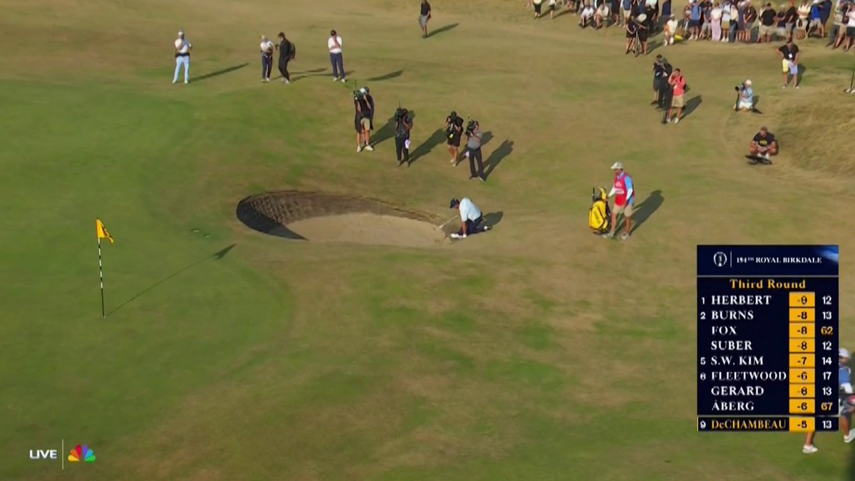 Bryson DeChambeau playing in an awkward stance from a brutal pot bunker lie on 14 😳 📺 NBC