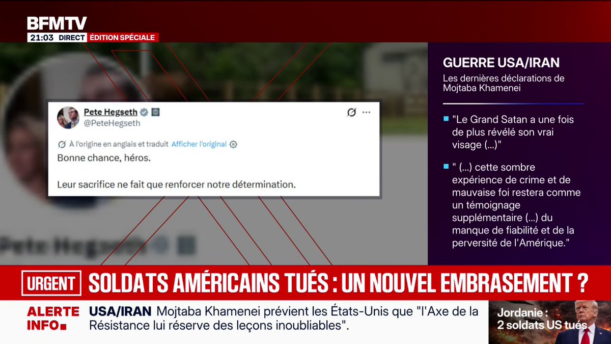 💬 "Leur sacrifice ne fait que renforcer notre détermination" ➡️ Pete Hegseth, secrétaire d'État à la Défense réagit à la mort de deux soldats américains en Jordanie